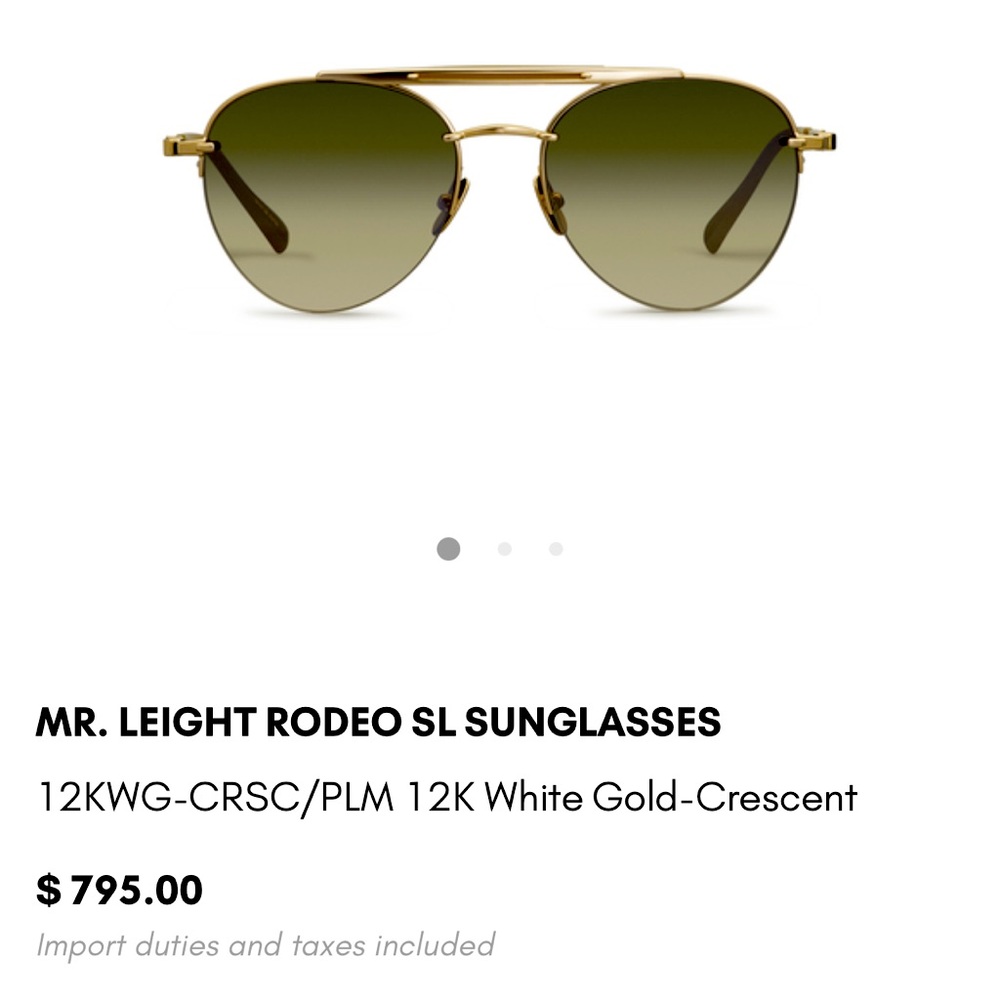 Brand NEW MR. LEIGHT RODEO SL SUNGLASSES
12KWG-CRSC/PLM 12K White Gold-Crescent